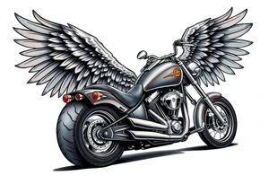 Low rider grey motorcycle, big muffler pipes with flames, angel wings, driving away, no person tattoo idea