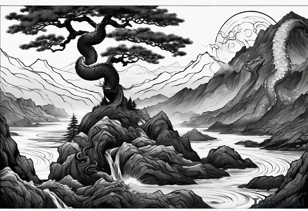 Full arm sleeve, tree going up to shoulder dead tree going down to wrist, wrapped in a serpent moving down with mountain, water, and demon tattoo idea