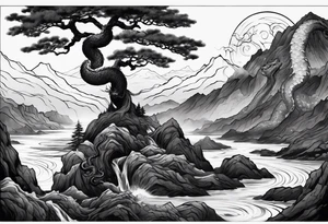 Full arm sleeve, tree going up to shoulder dead tree going down to wrist, wrapped in a serpent moving down with mountain, water, and demon tattoo idea