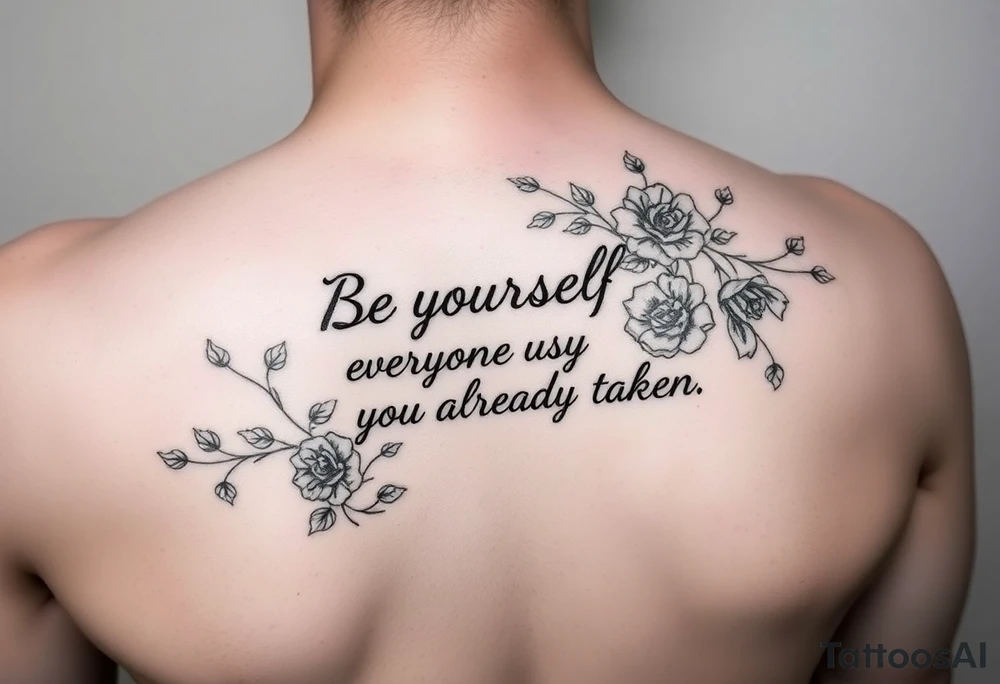 A forearm that has vines and roses with the saying be yourself everyone else is already taken tattoo idea
