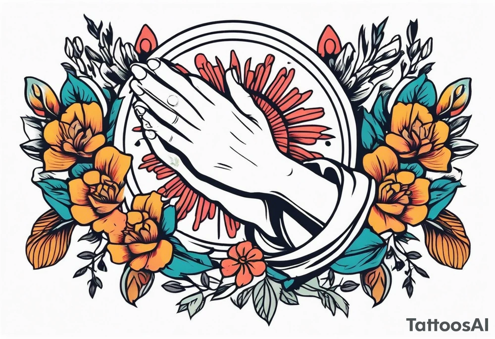 praying hands

old school vintage simple traditional design with vintage flowers surrounding
bold color simple tattoo idea