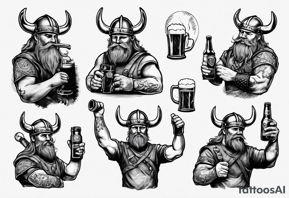 A Viking drinking a beer and holding a car tool tattoo idea