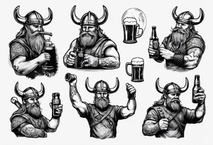 A Viking drinking a beer and holding a car tool tattoo idea