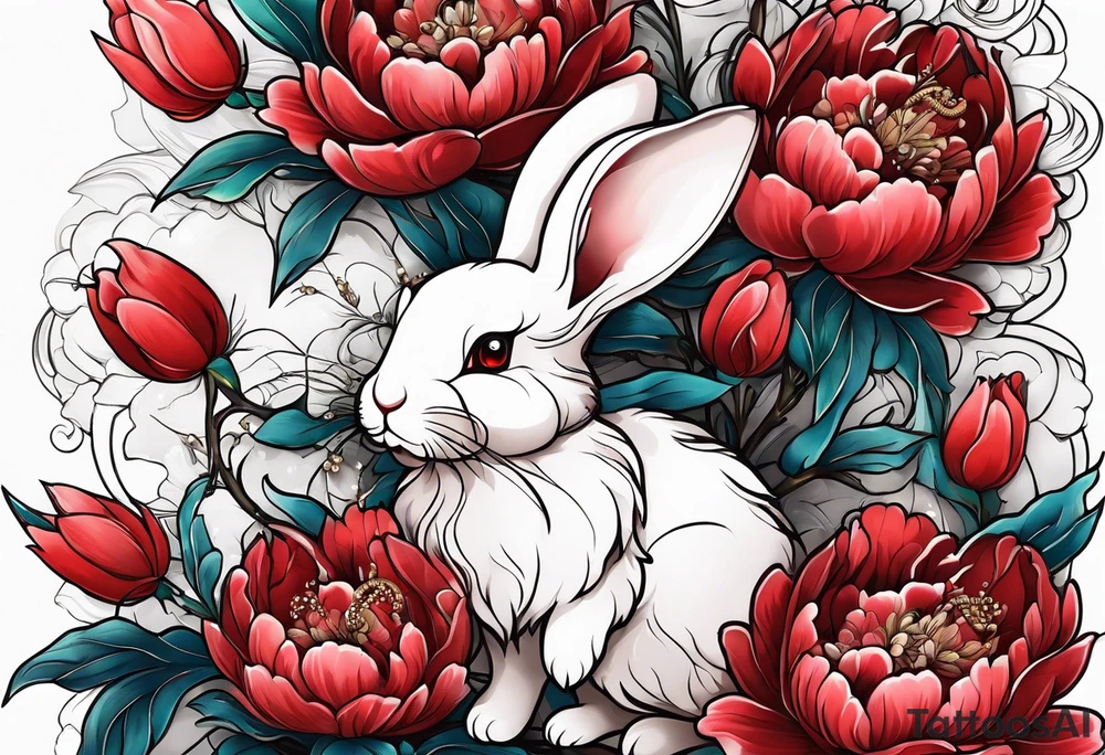 Red peony with pearls and bunny dangling tattoo idea