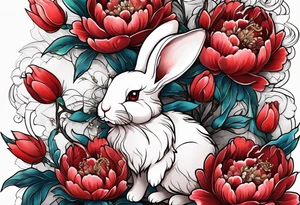 Red peony with pearls and bunny dangling tattoo idea