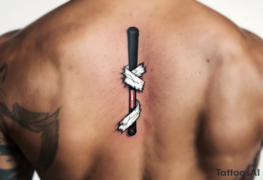 Stick Wrapped with Jersey Tape – Black stick handle wrapped in tattered white and red tape, showing wear from endless games. tattoo idea