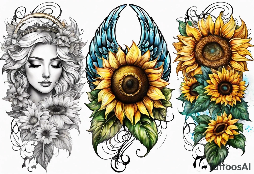 Sunflowers and angel wings leg sleeve tattoo idea