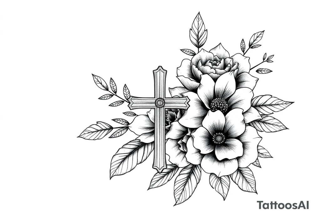 Black and white floral tattoo hip tattoo with a cross tattoo idea