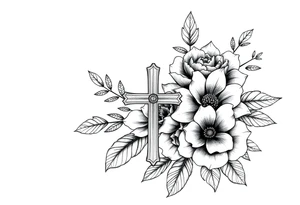 Black and white floral tattoo hip tattoo with a cross tattoo idea