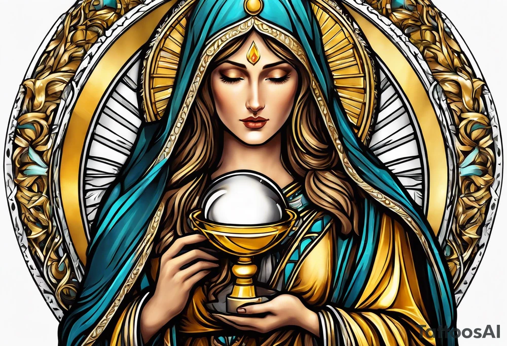 holy saint woman with golden halo holding a chalice tattoo idea