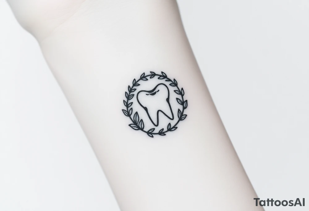 Tiny molar tooth outlined in black, framed by a crescent moon made of intertwining ivy leaves, soft stippled shading only at the crescent’s base.” tattoo idea