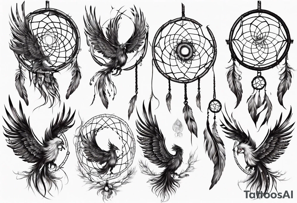 Fire Phoenix flying out of dream catcher tattoo idea