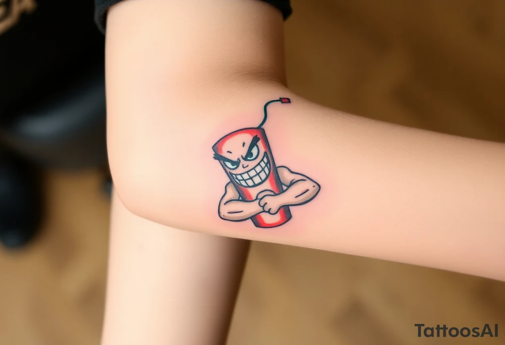 angry stick of dynamite with a mean face and muscles with a lit fuse tattoo idea
