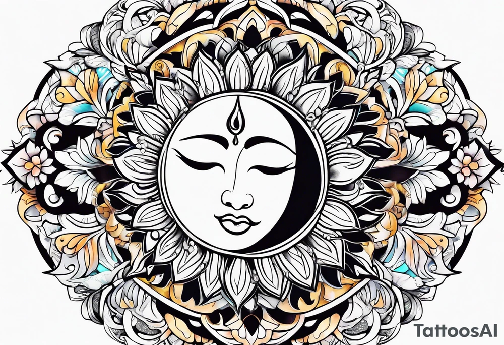sun moon floral tattoo idea