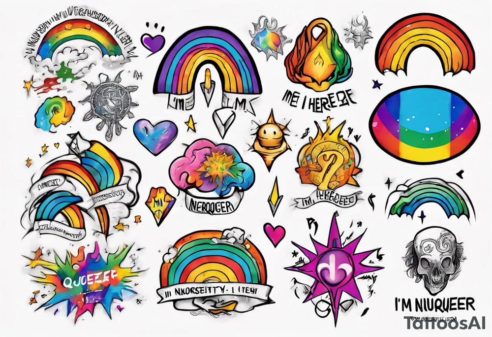 rainbow neurodiversity symbol with the words "I'm Here, I'm Neuroqueer" tattoo idea