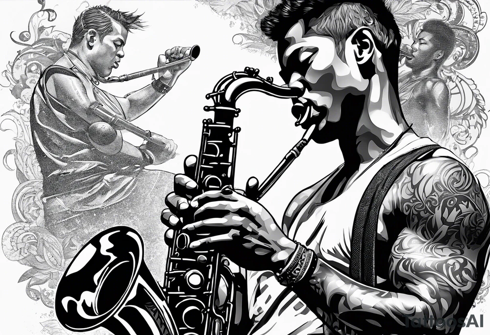 Muay Thai boxer with strong body is playing jazz on a Selmer tenor saxophone in an American jazz club front of a new orleans jazz trio band. The music notes are coming out from the saxophone and turning into buddhist symbols. tattoo idea