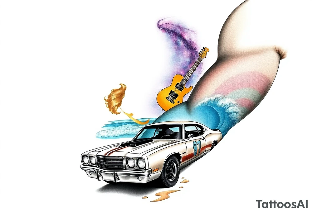 I want a sleeve that starts with a beach with dale Earnhardt car on the beach with a hot blonde 80’s girl with big hair on the hood. Then an ocean with big waves then a big dark sky with the Milky Way in it and Jimi Hendrix Stratocaster in the sky tattoo idea