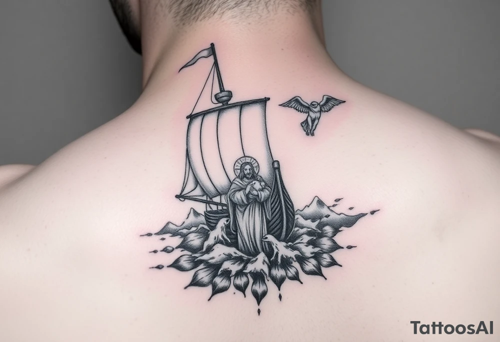 blend a viking sail boat, with the parabel of the fishermen in the sea with gods reaching down to save them, include jesus holding a lamb, include a valley of death and st michael the arch angel tattoo idea
