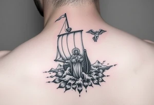 blend a viking sail boat, with the parabel of the fishermen in the sea with gods reaching down to save them, include jesus holding a lamb, include a valley of death and st michael the arch angel tattoo idea