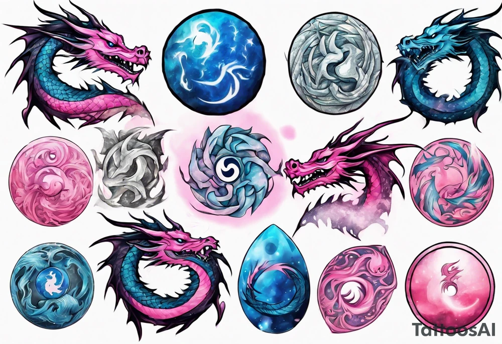 blue ying pink yang dragon stones tattoo idea