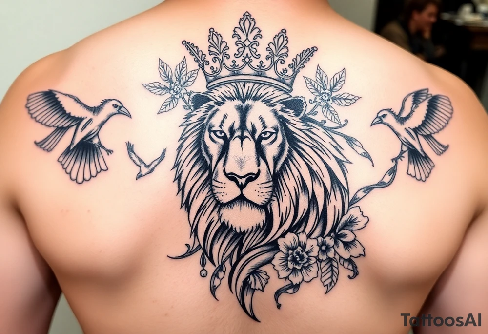 powerful majestic lion with a crown, surrounded by floral ornaments and birds tattoo idea