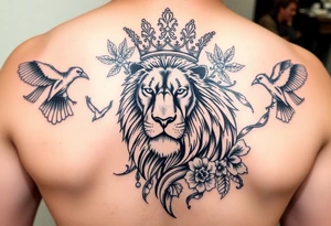 powerful majestic lion with a crown, surrounded by floral ornaments and birds tattoo idea