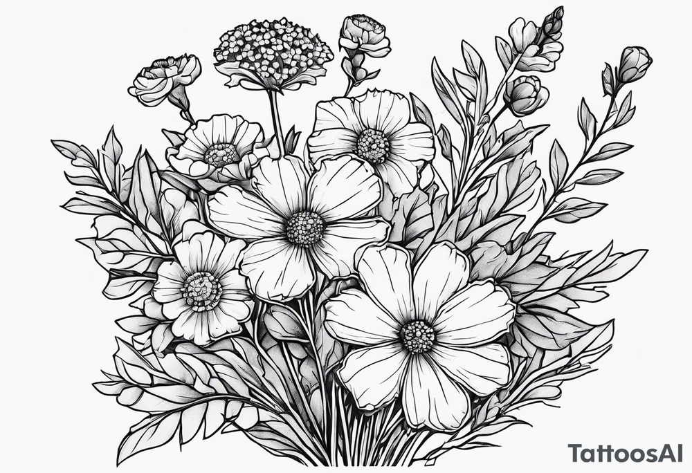 a simplistic bouquet of forget me not flowers, carnation flowers, and aster flowers with a stem that goes into the phrase “papa 09/17/52 - 01/17/24” tattoo idea