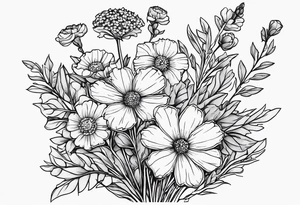 a simplistic bouquet of forget me not flowers, carnation flowers, and aster flowers with a stem that goes into the phrase “papa 09/17/52 - 01/17/24” tattoo idea