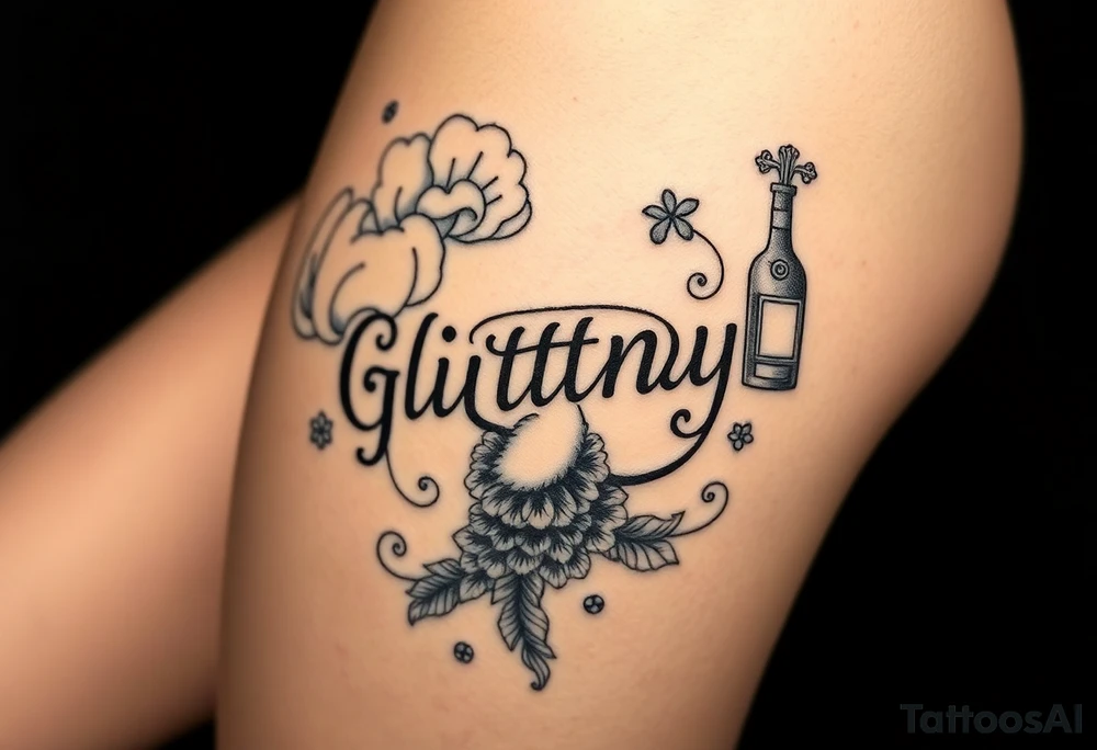Storm clouds the word gluttony and sexy pig fat woman, peacock, money , envy, wrath, cigerette, cake, liquor bottle tattoo idea
