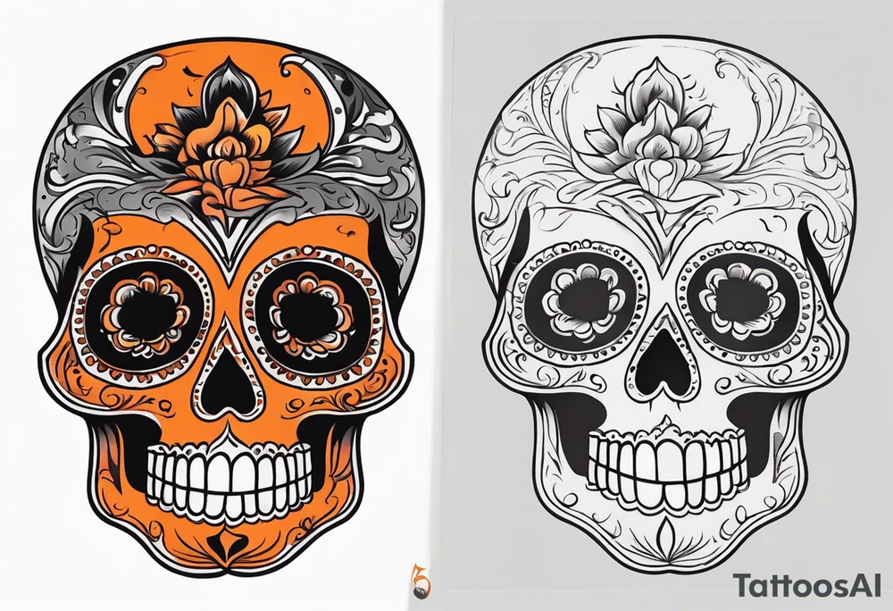 Mexican skull with smoke coming out of the bottom orange and black tattoo idea