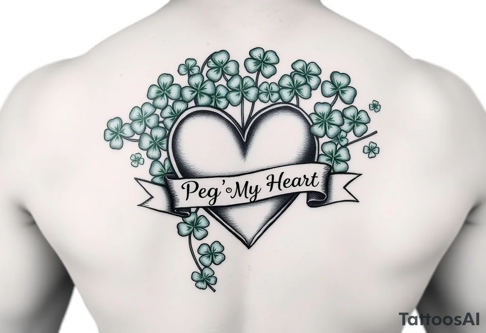 A ton of green shamrocks with a big heart with a banner across the heart that says Peg 'o My Heart tattoo idea