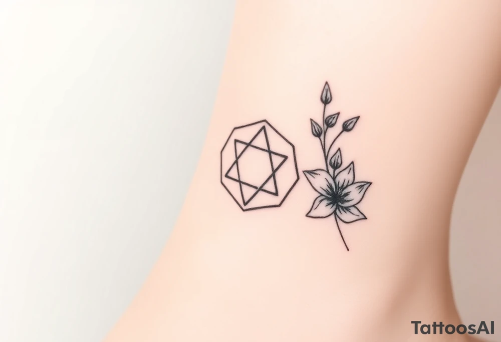 Hexagon Leo symbol larkspurs and water lilies tattoo idea
