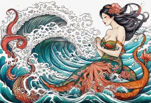 Giant octopus and mermaid frolicking in the sea tattoo idea