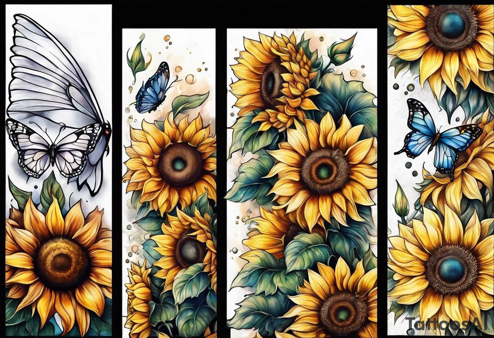 Sunflowers and angel wings leg sleeve tattoo idea