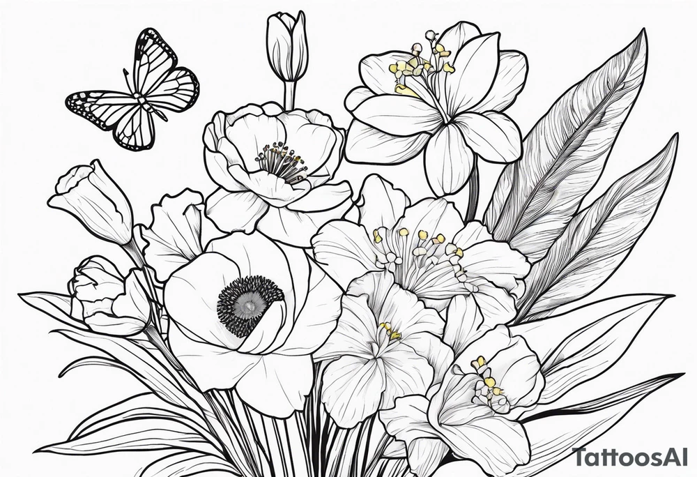 Small line work flower bouquet (show stems) with 1 daffodil, lily of the valley, 1 poppy, 1 peony, 1 chrysanthemum, and some leaves. Put a butterfly above the daffodil tattoo idea
