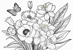 Small line work flower bouquet (show stems) with 1 daffodil, lily of the valley, 1 poppy, 1 peony, 1 chrysanthemum, and some leaves. Put a butterfly above the daffodil tattoo idea