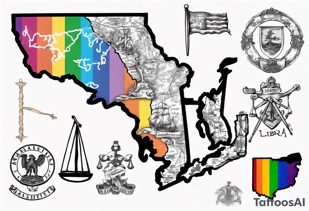 map of Massachusetts in pride colors and Libra sign tattoo idea