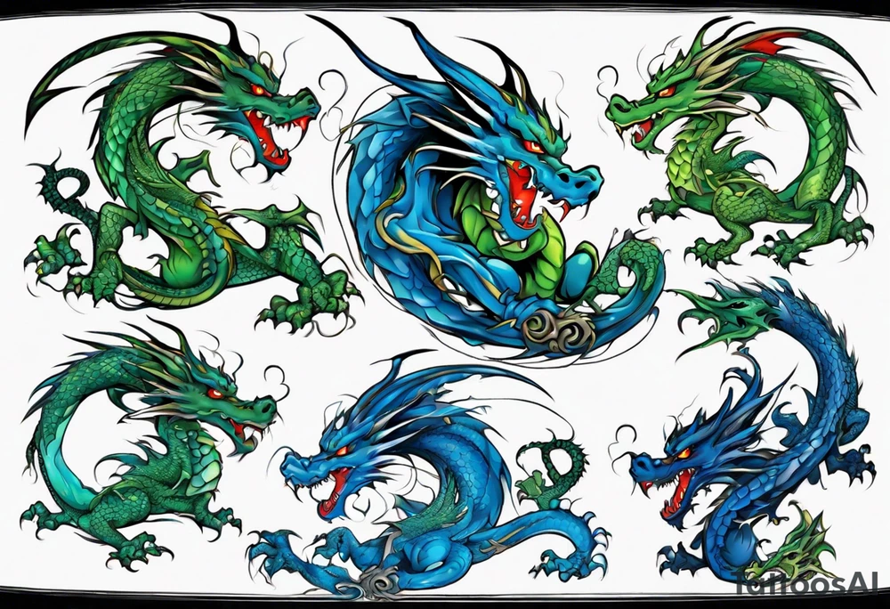 blue dragon tangled with a green dragon tattoo idea