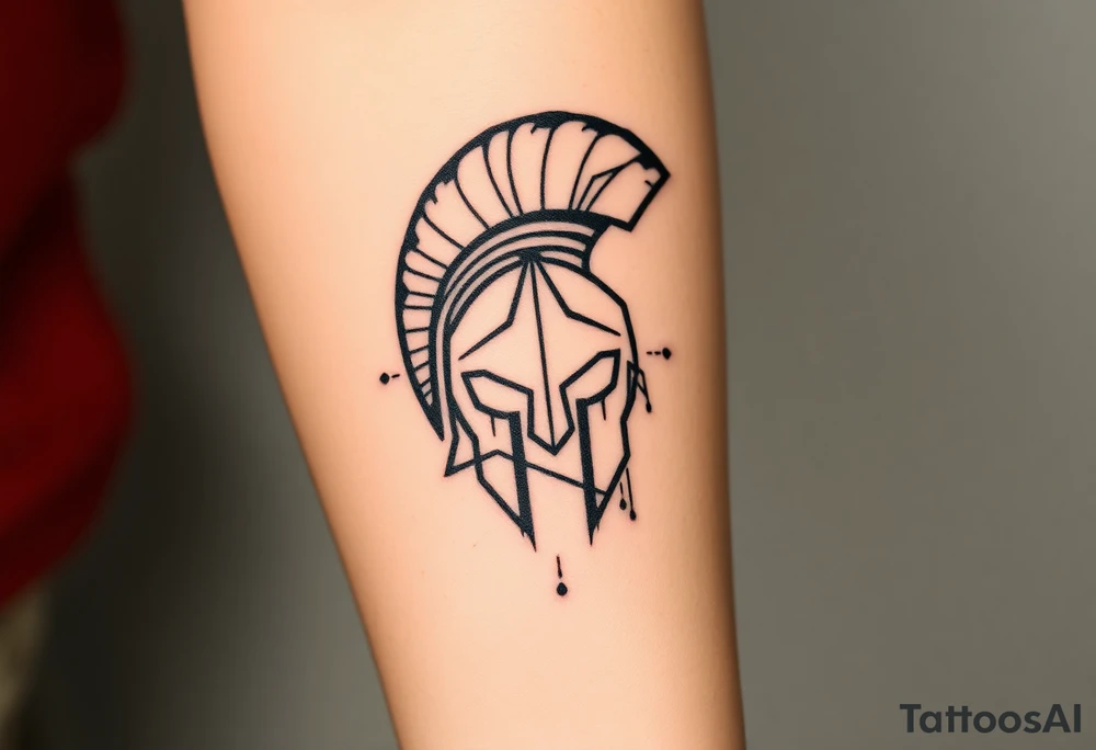 A modern, geometric Spartan helmet tattoo with sharp angular lines and symmetrical shapes, representing strength and resilience. Abstract flames or smoke rise from the helmet, symbolizing inner fire and passion. The design uses bold black linework and strategic negative space for crisp contrast and a contemporary look. Small cracks and dot details add depth and subtle imperfection, reflecting complexity and attention to detail. tattoo idea