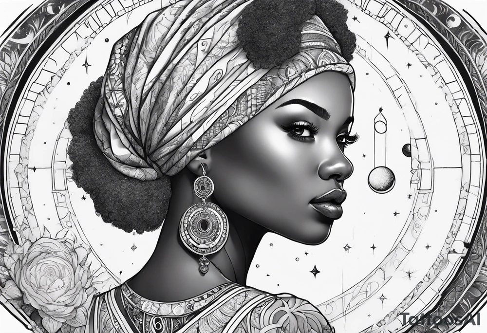 Black woman, enlightenment, wisdom, astronomy, cancer zodiac, natural, full arm tattoo idea