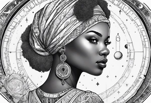 Black woman, enlightenment, wisdom, astronomy, cancer zodiac, natural, full arm tattoo idea