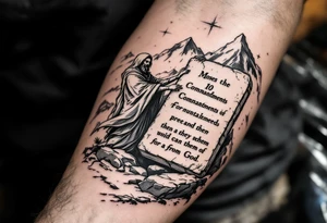 Moses holds the 10 commandments on a stone tablet on the mountains and receives them from god tattoo idea