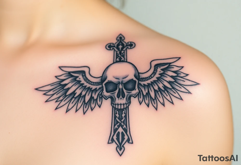 A cross covered in intricate skull engravings, with skeletal wings made of bone and ash tattoo idea