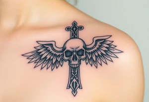 A cross covered in intricate skull engravings, with skeletal wings made of bone and ash tattoo idea