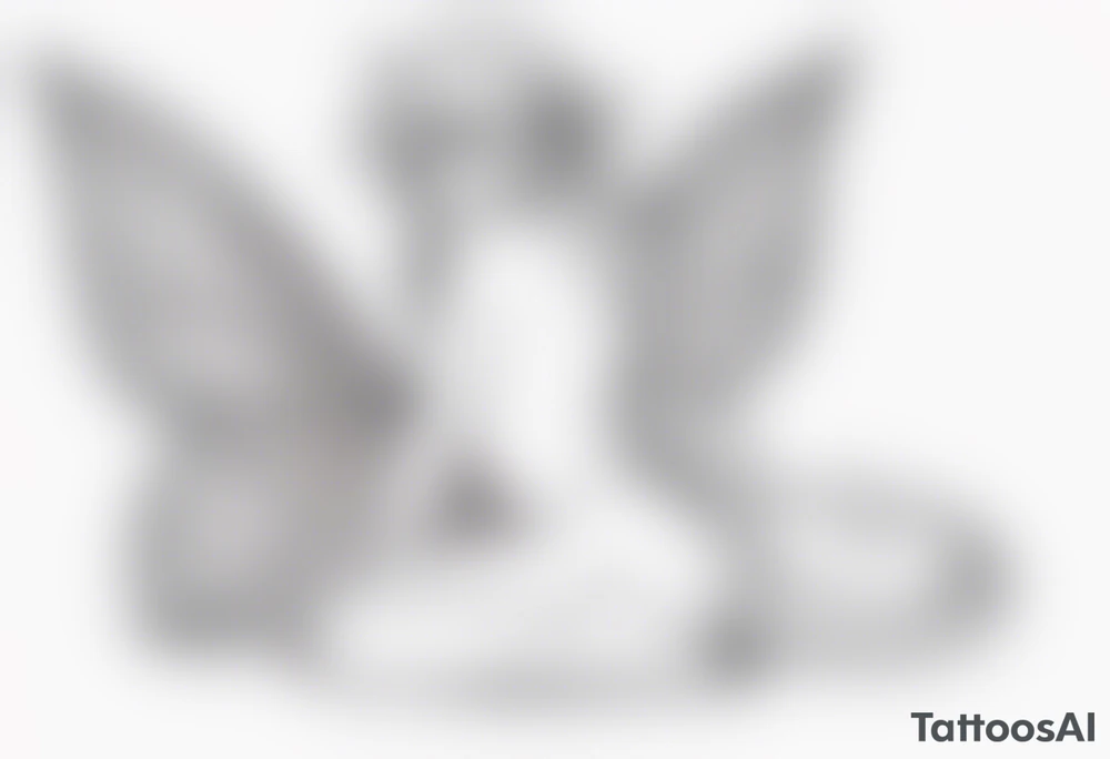 No color sketch of a fairy with a tail inspired by the guild symbol in the anime show called Fairy Tail in a fetal position leaning in and forward while crawled in tattoo idea