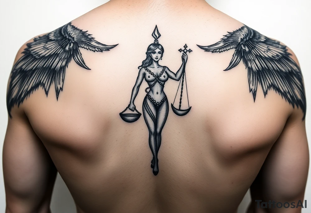 El cuerpo completo del símbolo femenino de libra le suben rodeando dos escorpiones tattoo idea