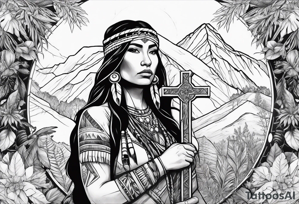 Native American holding a cross with plants and nature behind her, half sleeve tattoo idea