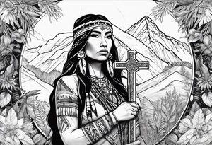 Native American holding a cross with plants and nature behind her, half sleeve tattoo idea