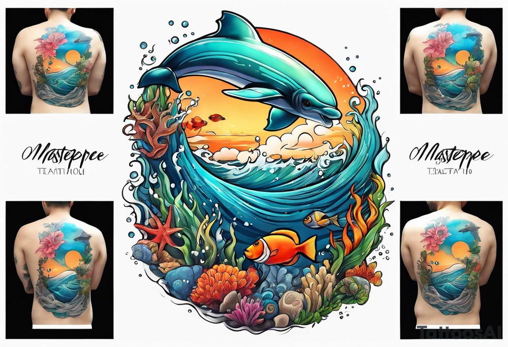 An ocean themed half sleeve with no ocean creatures tattoo idea