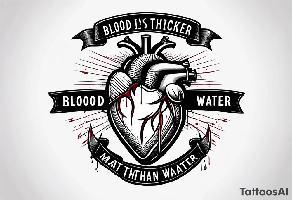 Heart pierced with daggers with a banner saying “blood is thicker than water “ tattoo idea